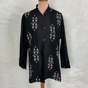 Yasuko Black Red Silk Kasuri Ikat Button Front Shirt Lightweight Jacket OS